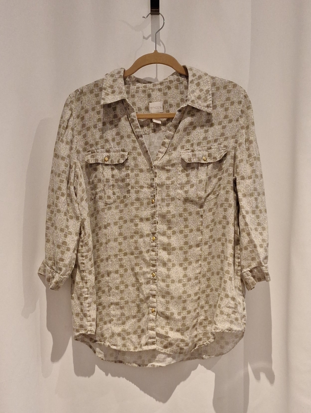 Chico's White and Tan Patterned Linen Button-Front 3/4 Sleeves Shirt Size L